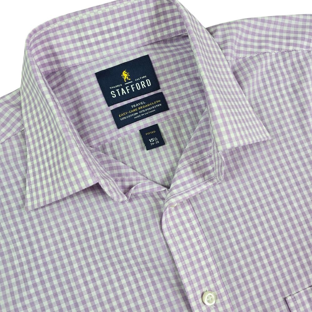 Stafford Travel Button Dress Shirt Mens 15.5 34-35 Purple Gingham Plaid Business
